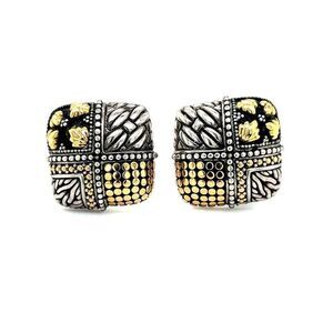 John Hardy Estate Square Ornate Clip-on Earrings 18k Gold + Sterling Silver JH27